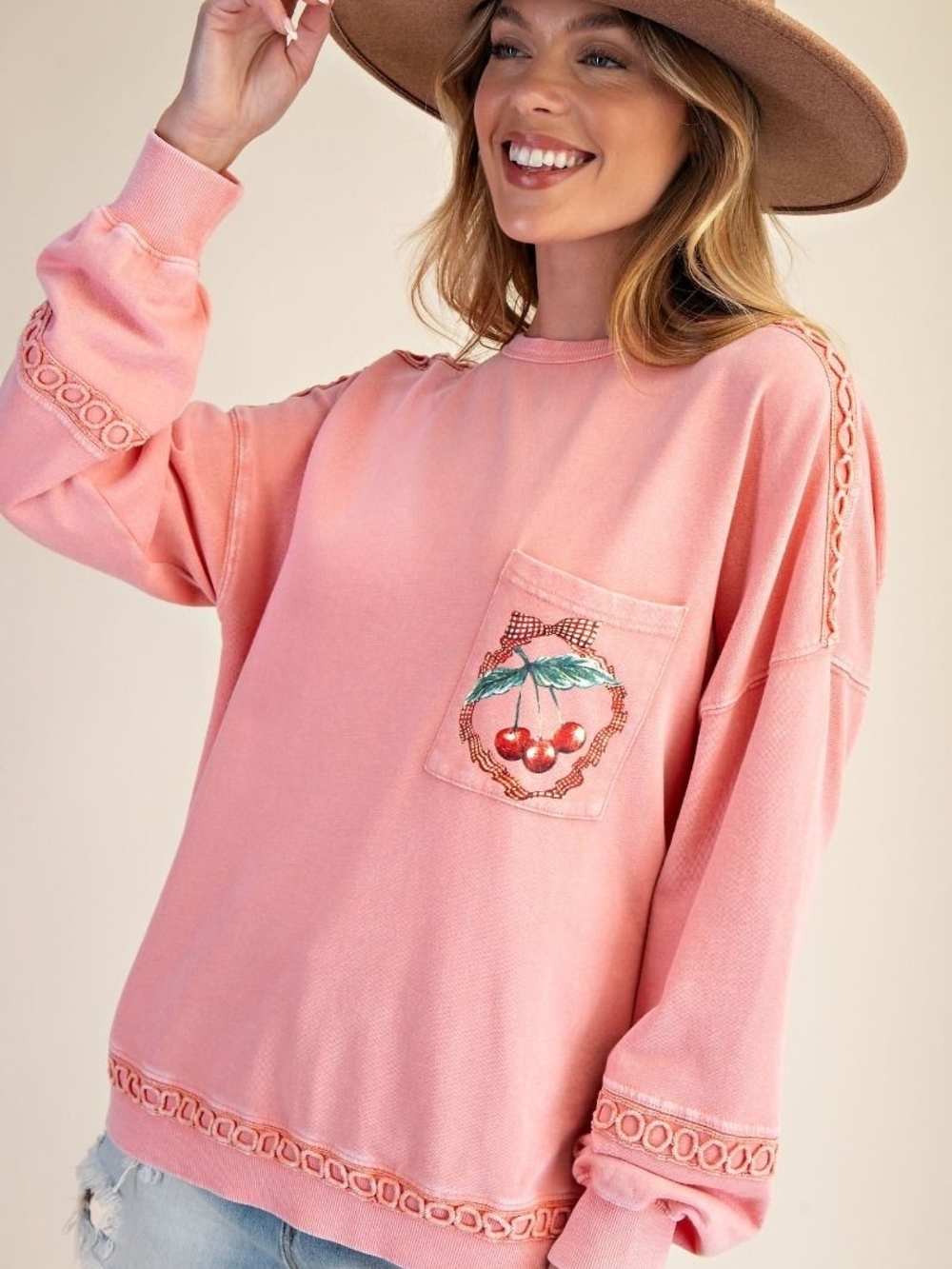 3-0901 Easel Relaxed Pink Cherry Pocket Sweatshirt